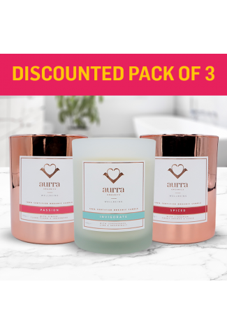 Discounted pack! - Pack of 3 organic candles - Passion, Invigorate and Spiced Aurra Organics 100% Certified Organic Candles - Normal SRP £154.50